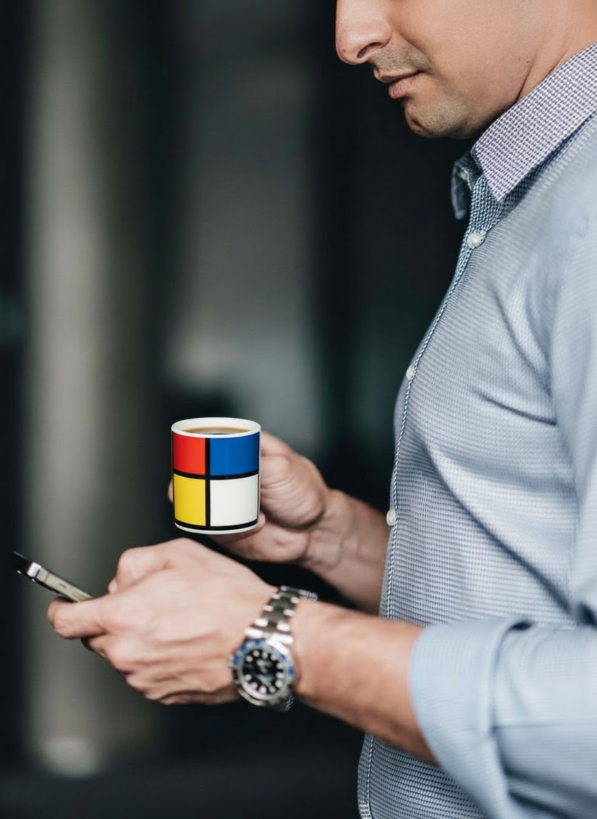 Man holding a colorful coffee mug and smartphone with a blurred background