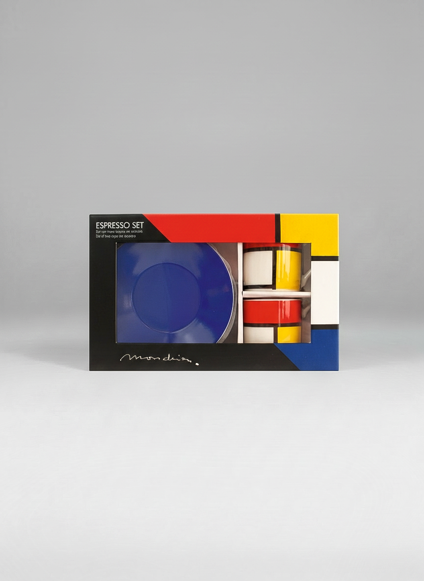 Espresso set packaging with Mondrian design on a gray background