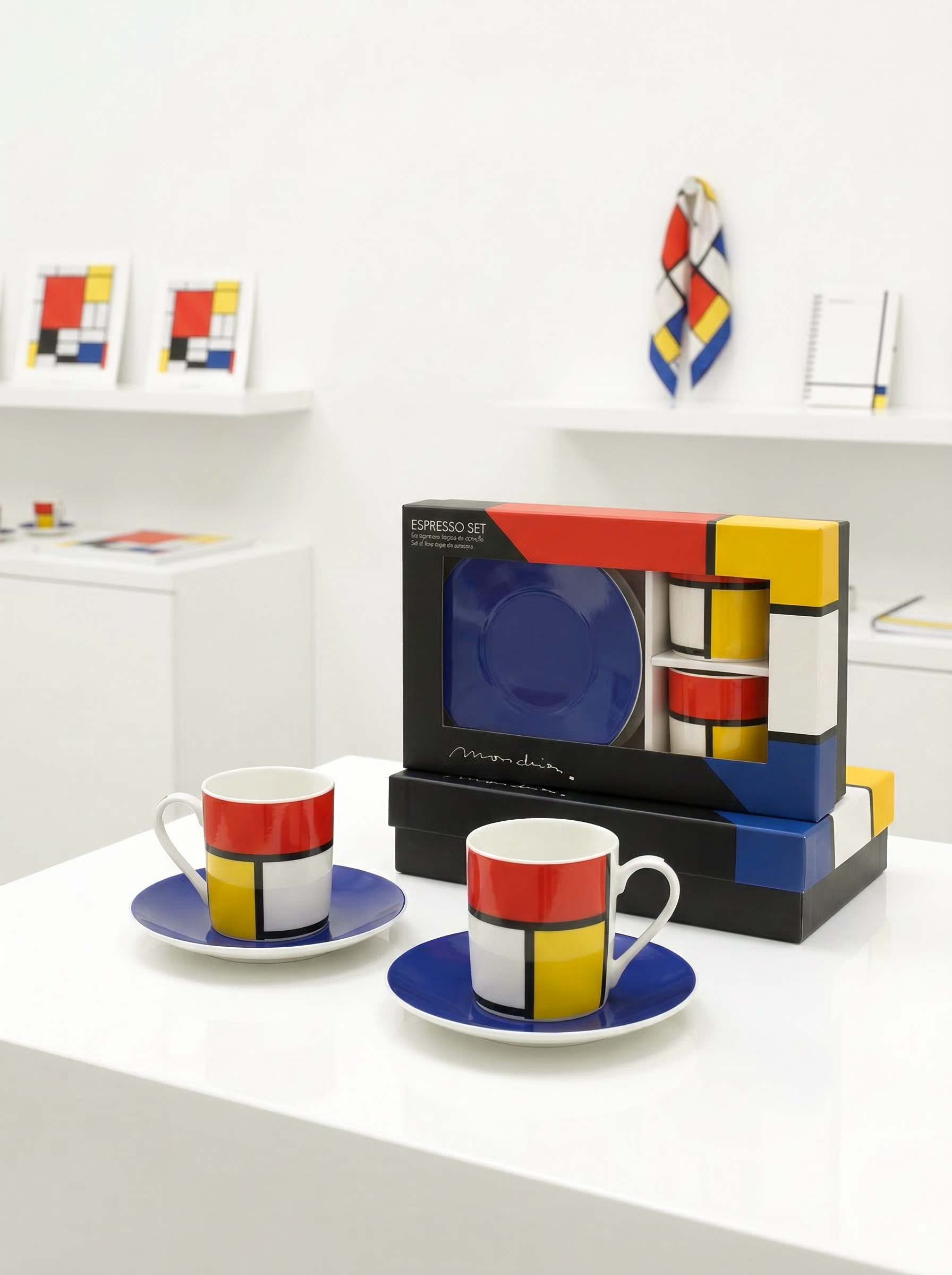 "ArtyGifts Coffee and Tea Kitchen Gift Set Composition Red, Blue and Yellow by Piet Mondrian — espresso cups and saucers with gift box"
