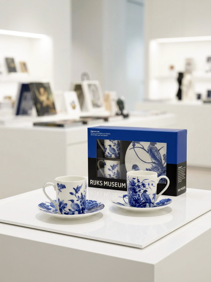 Delft Blue Birds espresso set – cups, saucers and gift box on white background | Rijksmuseum x ArtyGifts