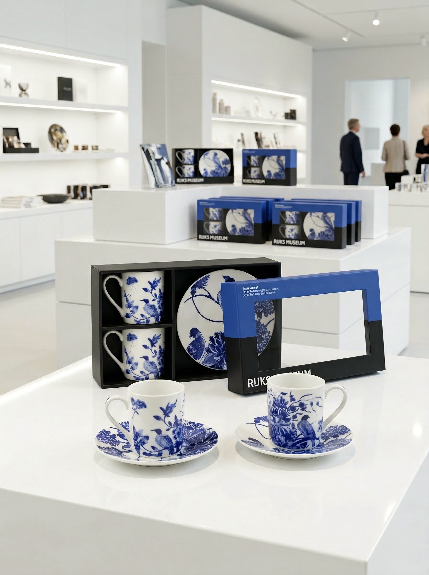 Delft Blue and white ceramic tea set on a display table with packaging in a store setting.