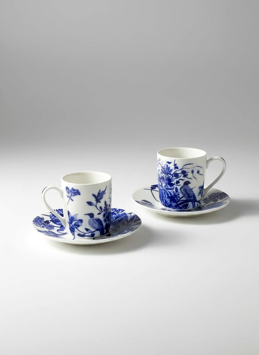 Two Delft blue and white ceramic cups with saucers on a gray background