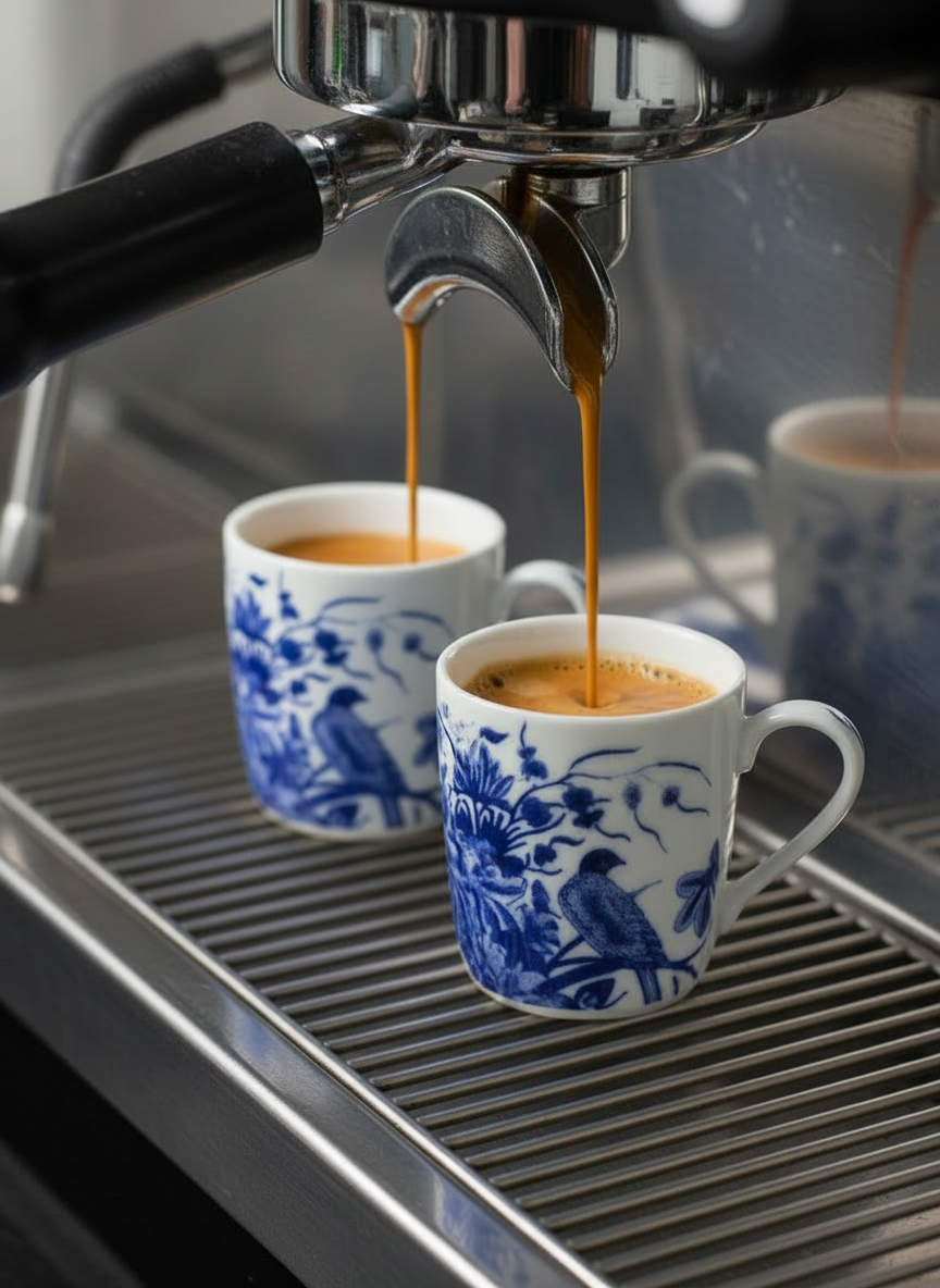 Espresso being poured into two Delft blue and white patterned cups from a coffee machine.