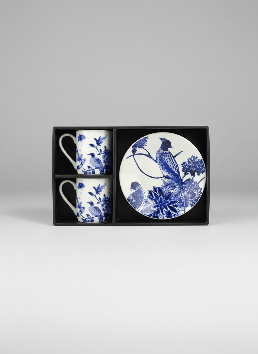 Set of two mugs and a plate with blue floral design in a black box on a gray background