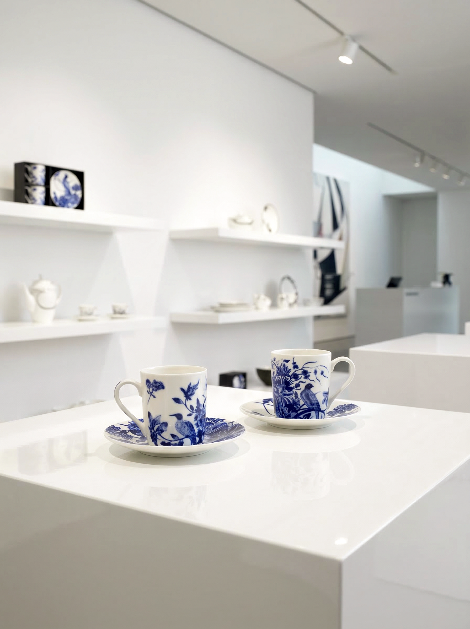 Two Delft blue and white ceramic cups on a white surface with shelves in the background.