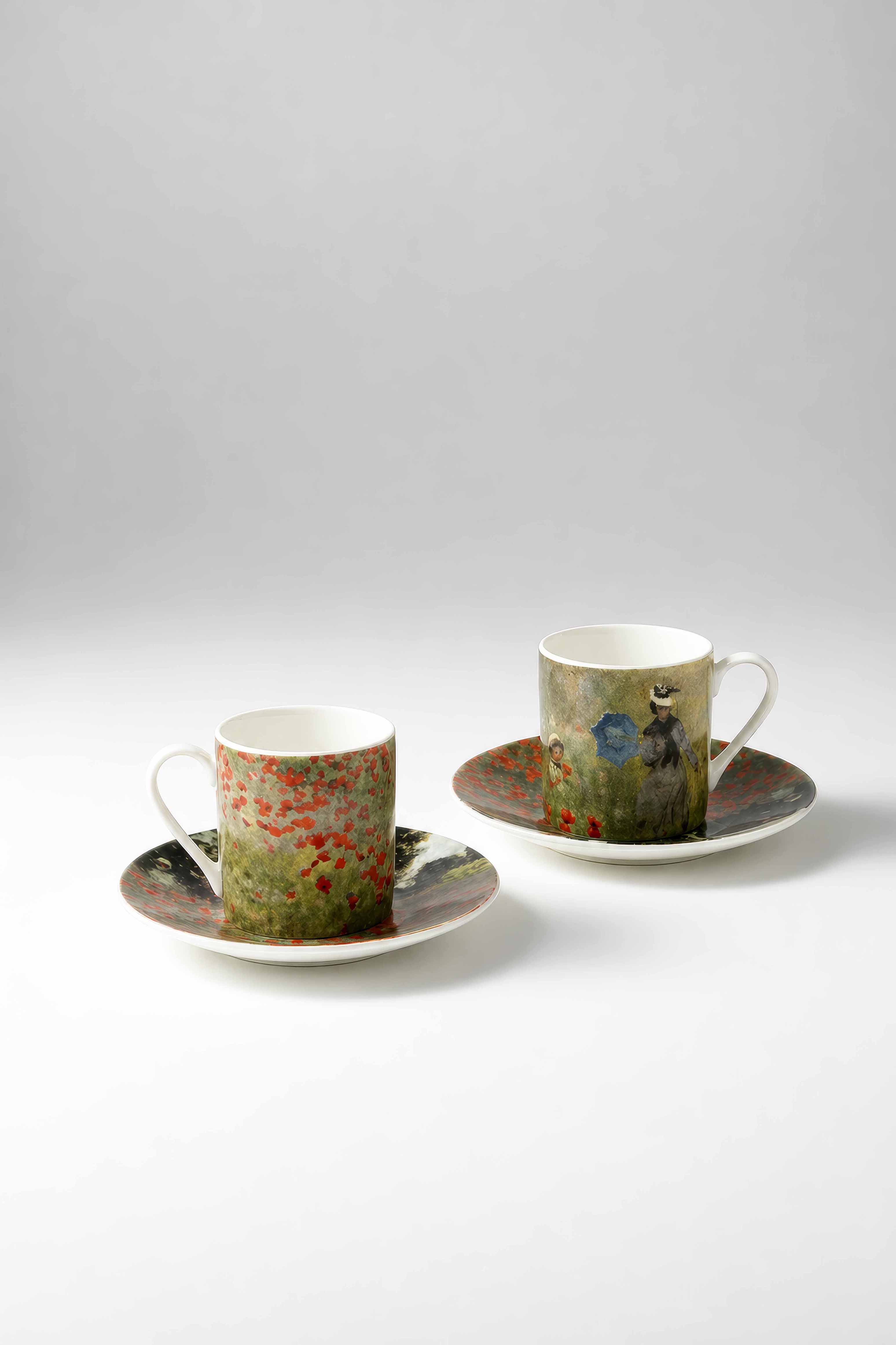Close-up of porcelain espresso cup and saucer featuring Field with Poppies by Claude Monet — ArtyGifts
