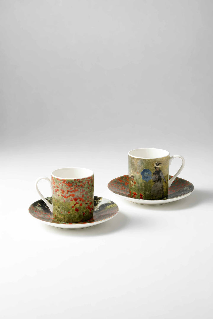 Close-up of porcelain espresso cup and saucer featuring Field with Poppies by Claude Monet — ArtyGifts
