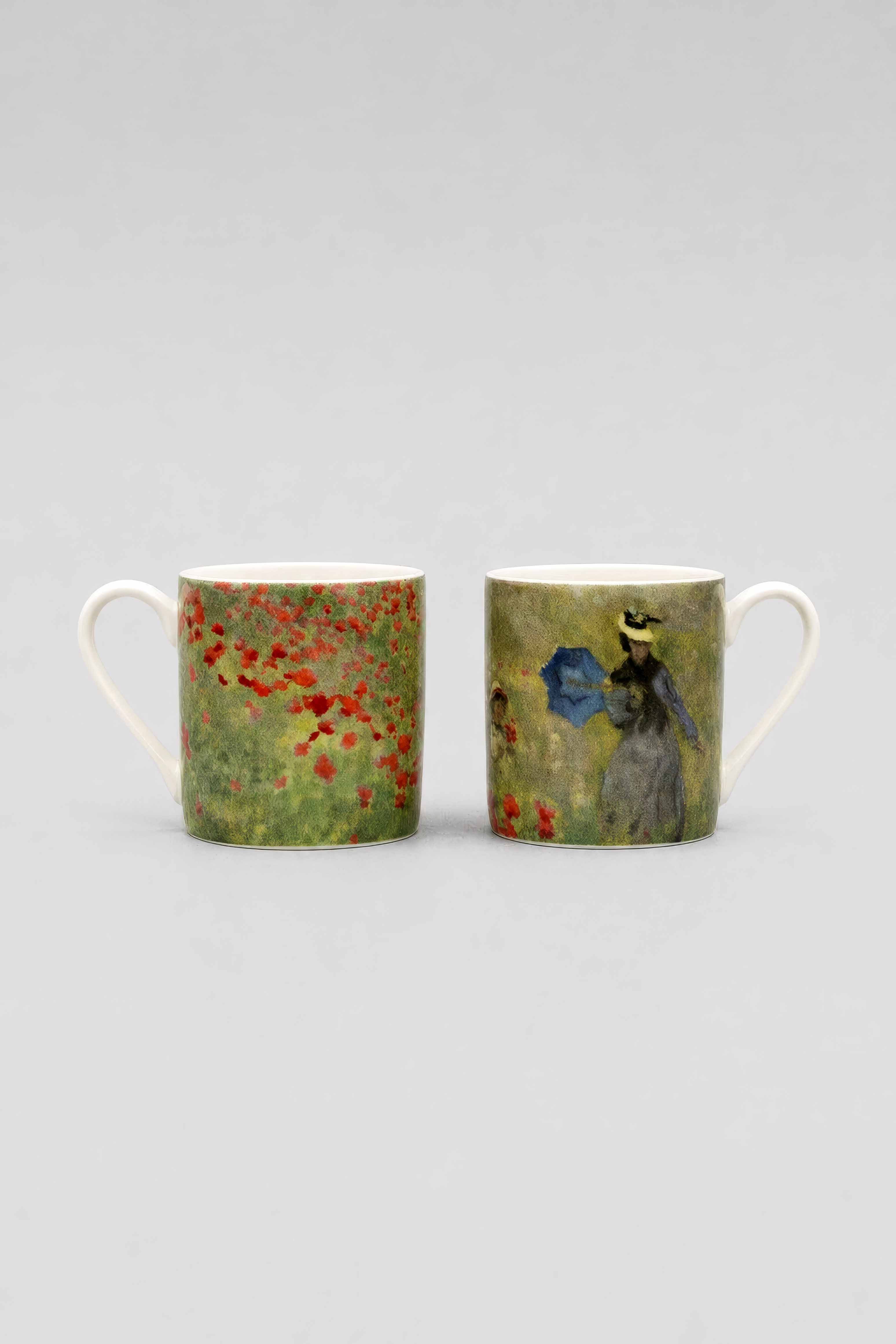 Two porcelain espresso cups with Field with Poppies print by Claude Monet – front and back view | ArtyGifts
