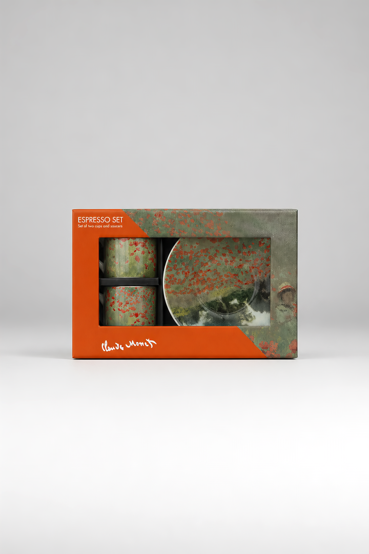 Gift box of the Field with Poppies espresso set by Claude Monet — museum art gift by ArtyGifts
