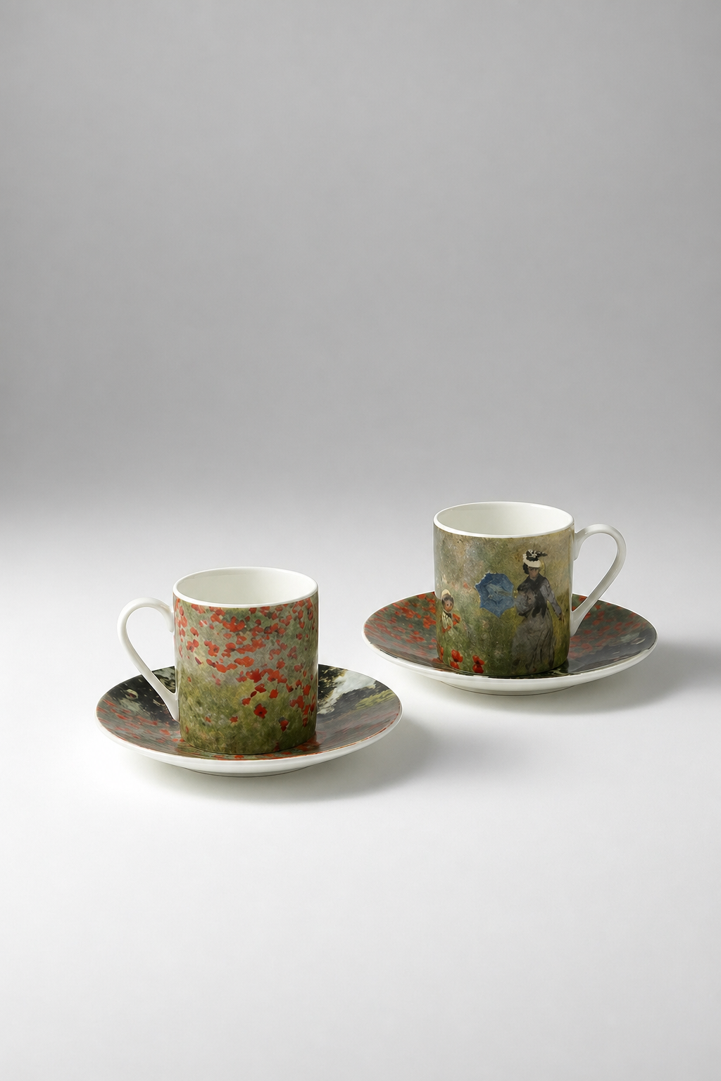 Close-up of porcelain espresso cup and saucer featuring Field with Poppies by Claude Monet from ArtyGifts

