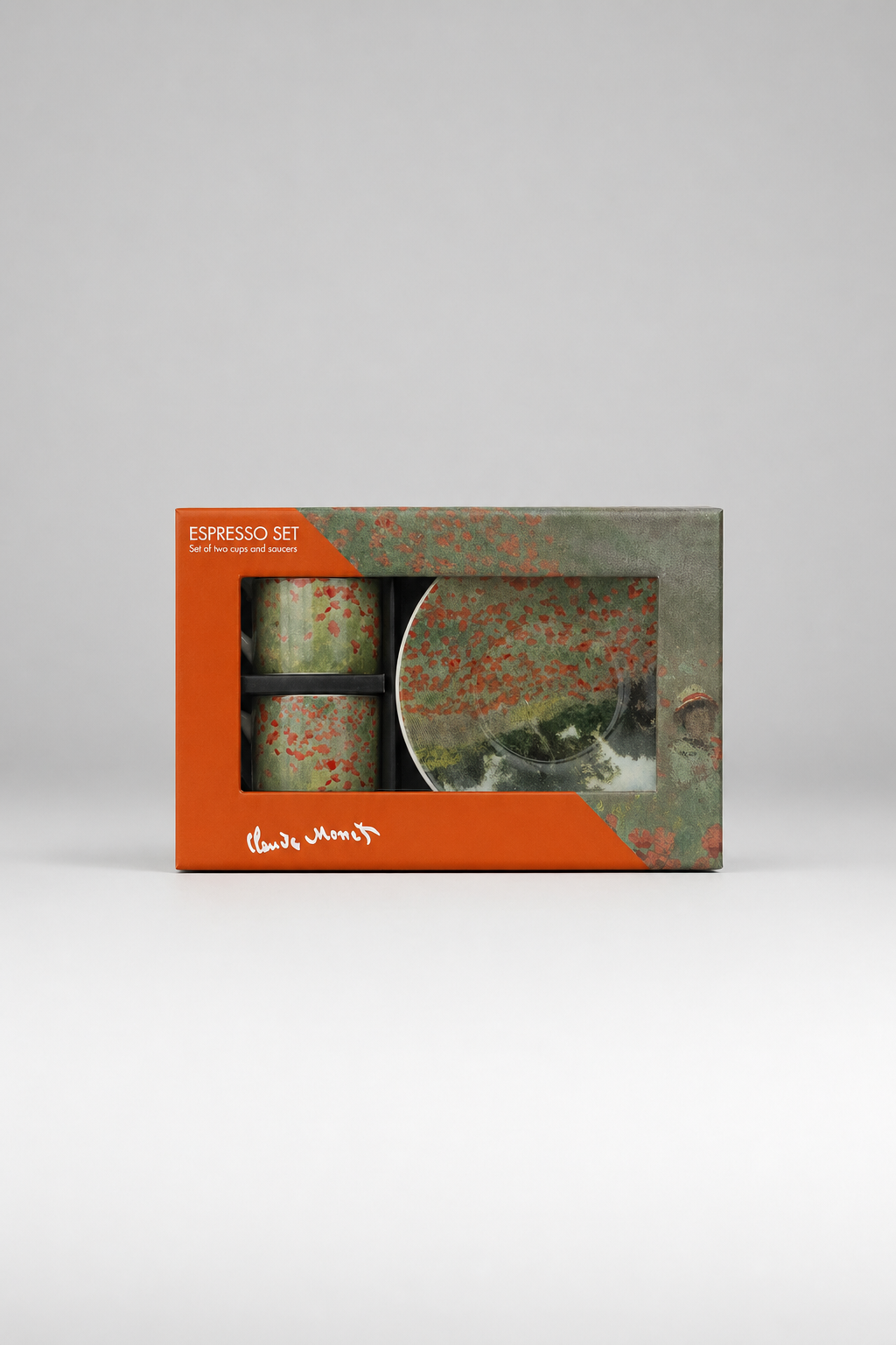 Packaged espresso set featuring Field with Poppies by Claude Monet from ArtyGifts
