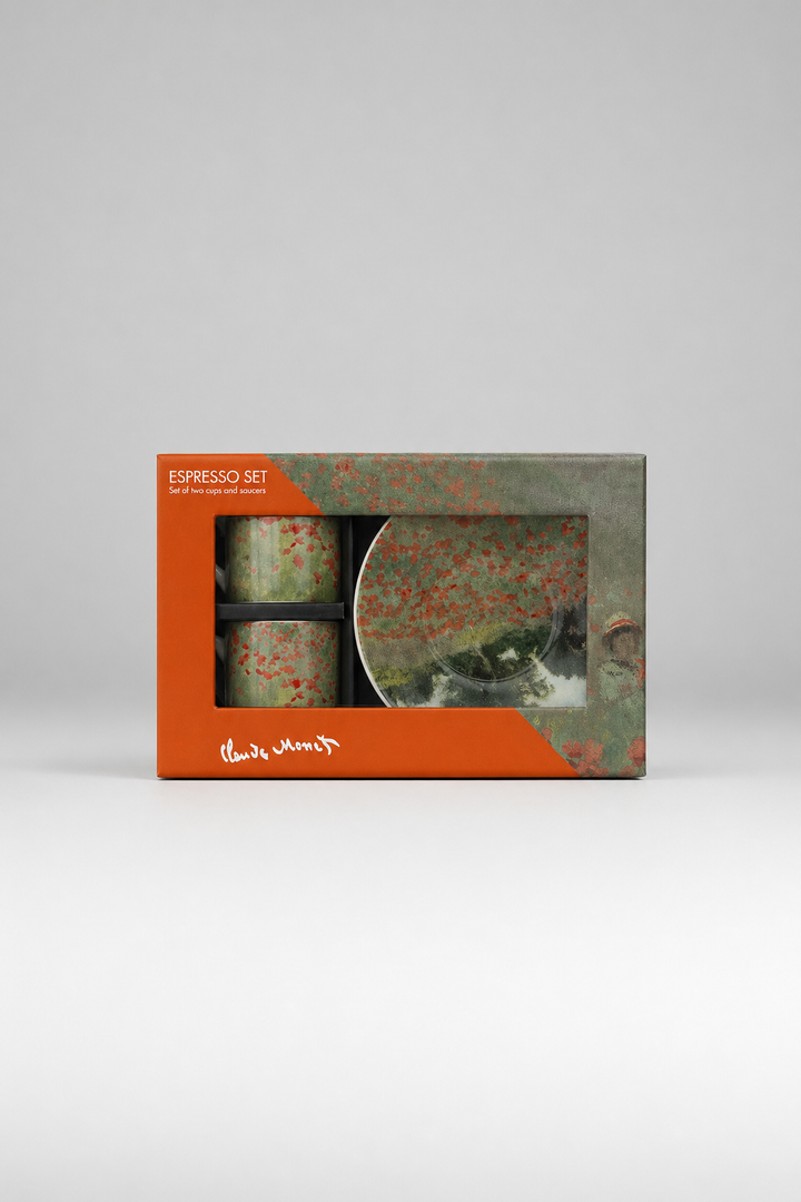 Packaged espresso set featuring Field with Poppies by Claude Monet from ArtyGifts
