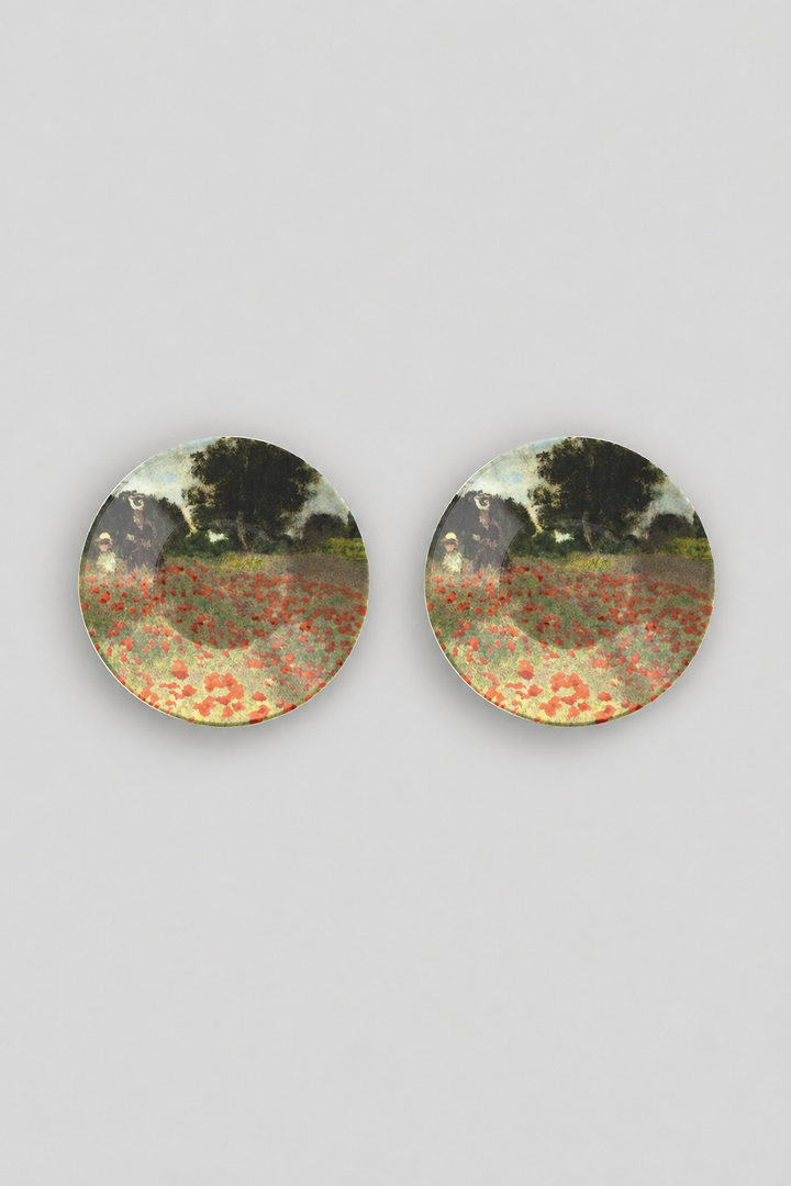 Top view of porcelain saucers featuring Field with Poppies by Claude Monet from ArtyGifts
