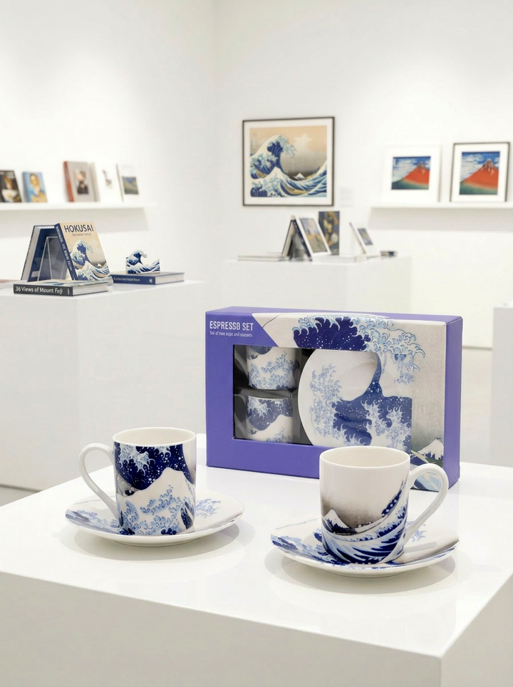Espresso set The Great Wave Katsushika Hokusai with gift box in museum shop — ArtyGifts
