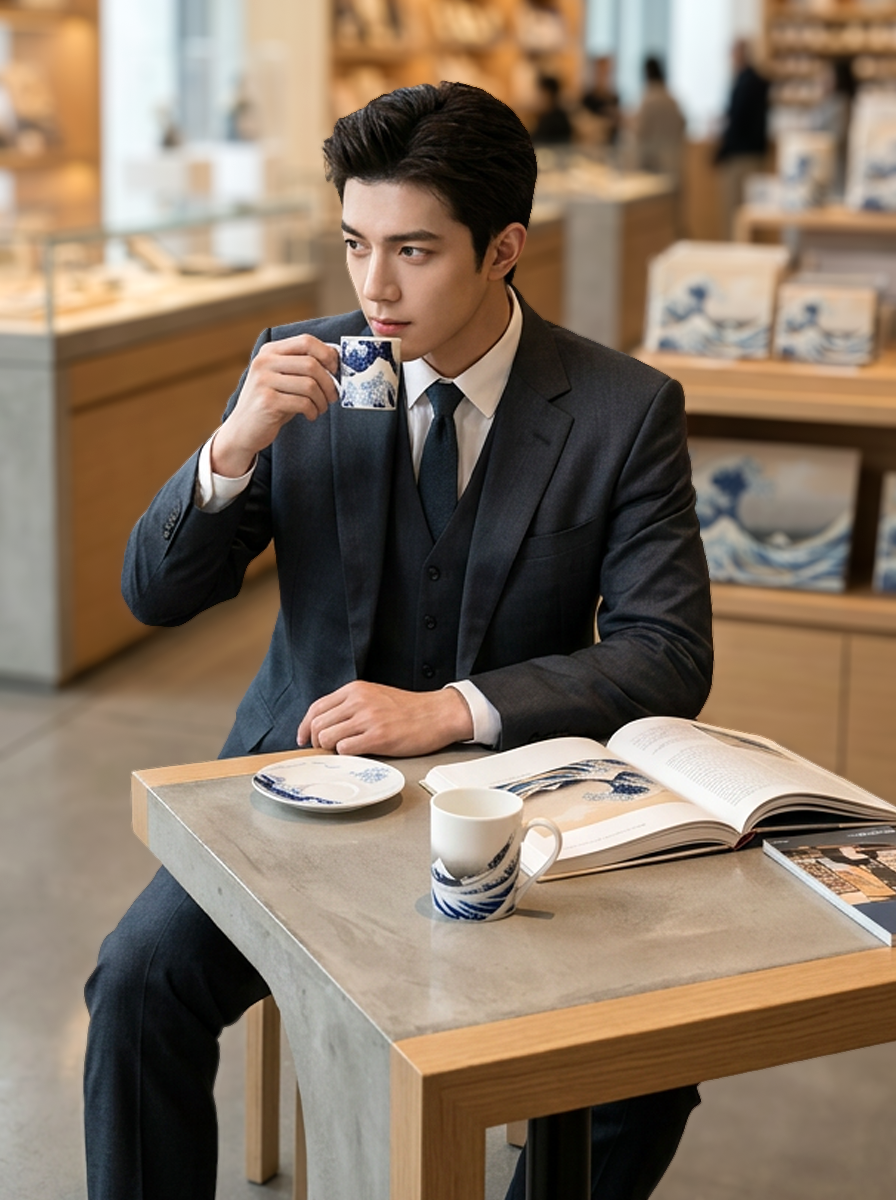 Man in suit enjoying espresso from The Great Wave cup by Hokusai — ArtyGifts
