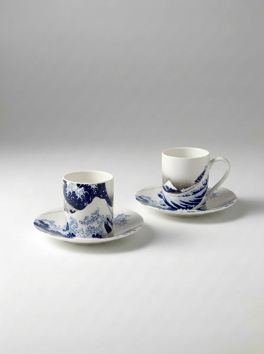 Espresso cup and saucer with The Great Wave print by Hokusai on white background — ArtyGifts
