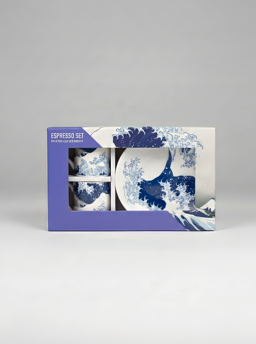 Gift box of the Hokusai Great Wave espresso set — museum art gift by ArtyGifts
