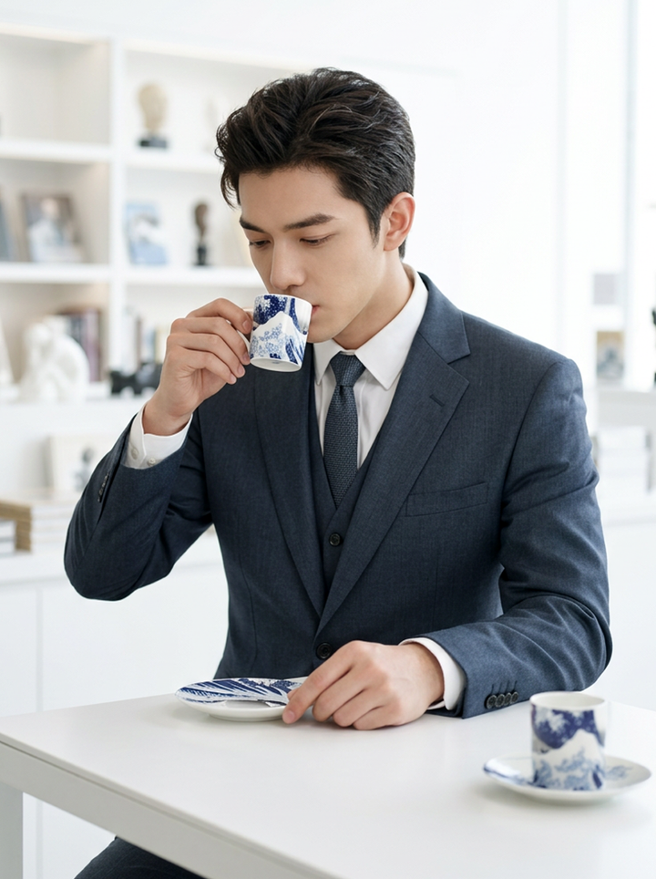 Man drinking espresso from Hokusai Great Wave cup — art gift by ArtyGifts
