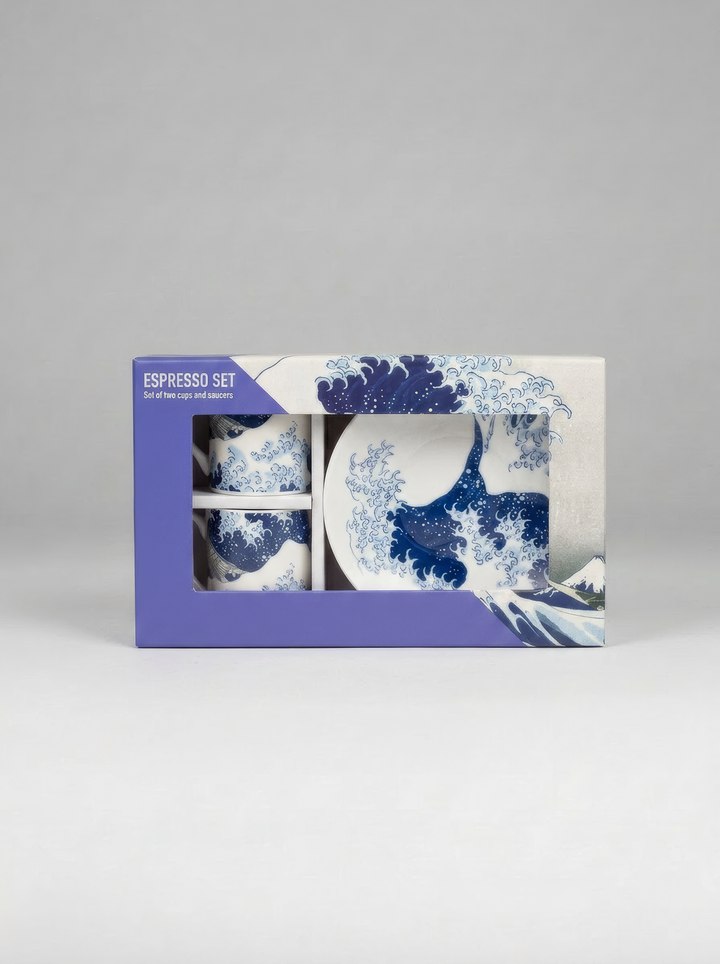 Gift box of the Hokusai Great Wave espresso set — museum art gift by ArtyGifts
