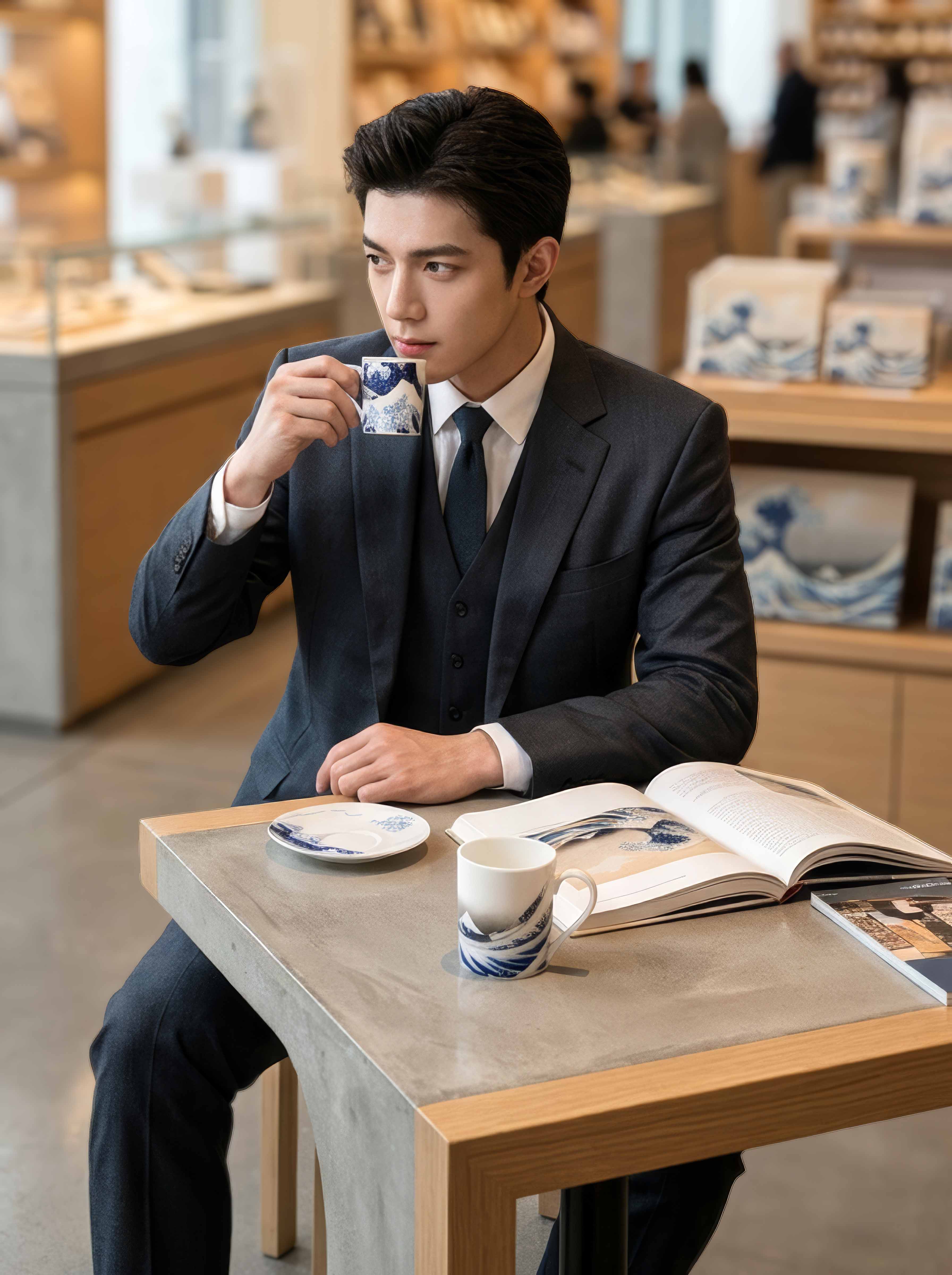 Man in suit sipping from The Great Wave espresso cup by Hokusai in museum shop — ArtyGifts
