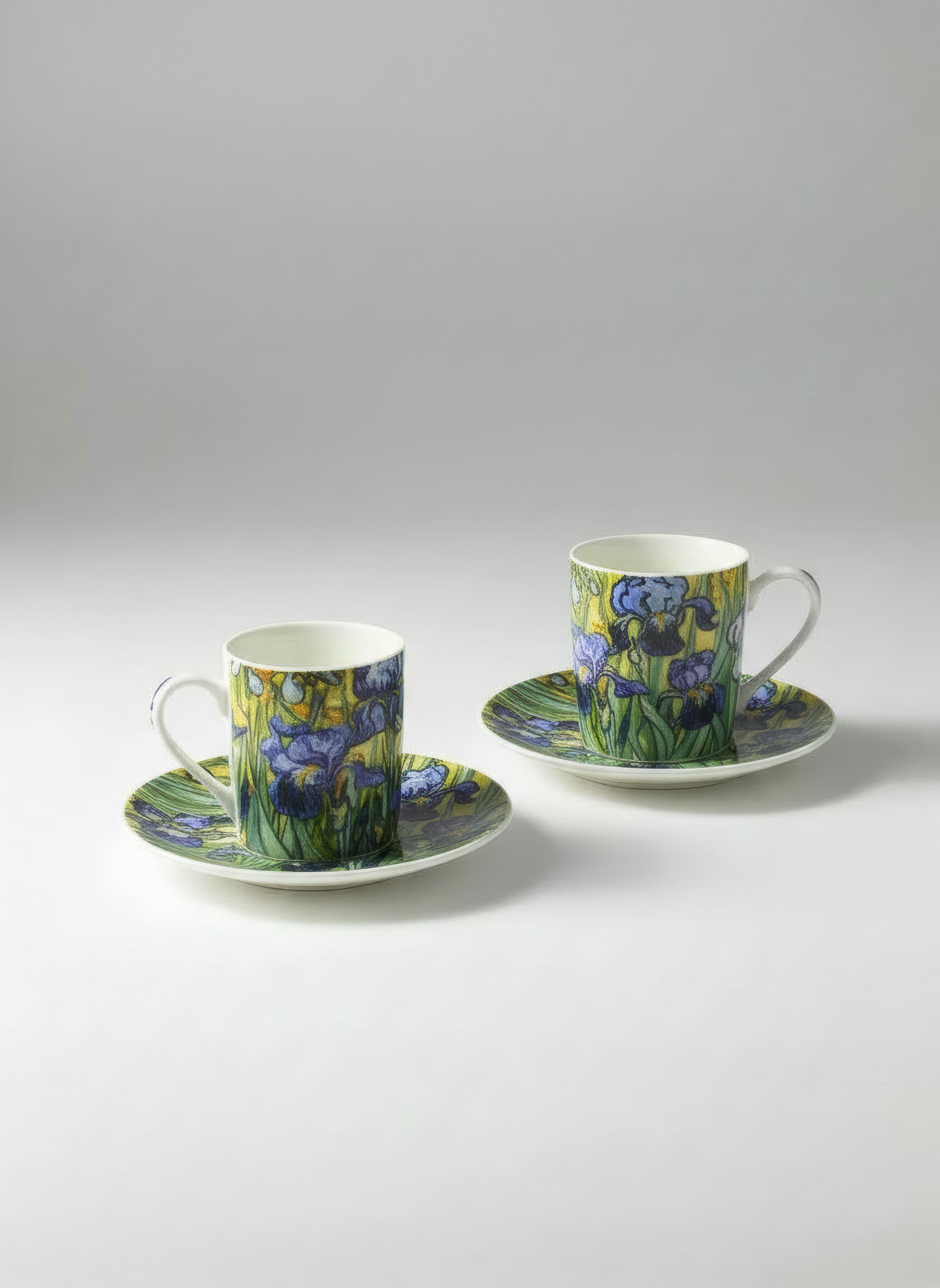 Espresso cup and saucer with Irises print by Vincent van Gogh on white background — ArtyGifts
