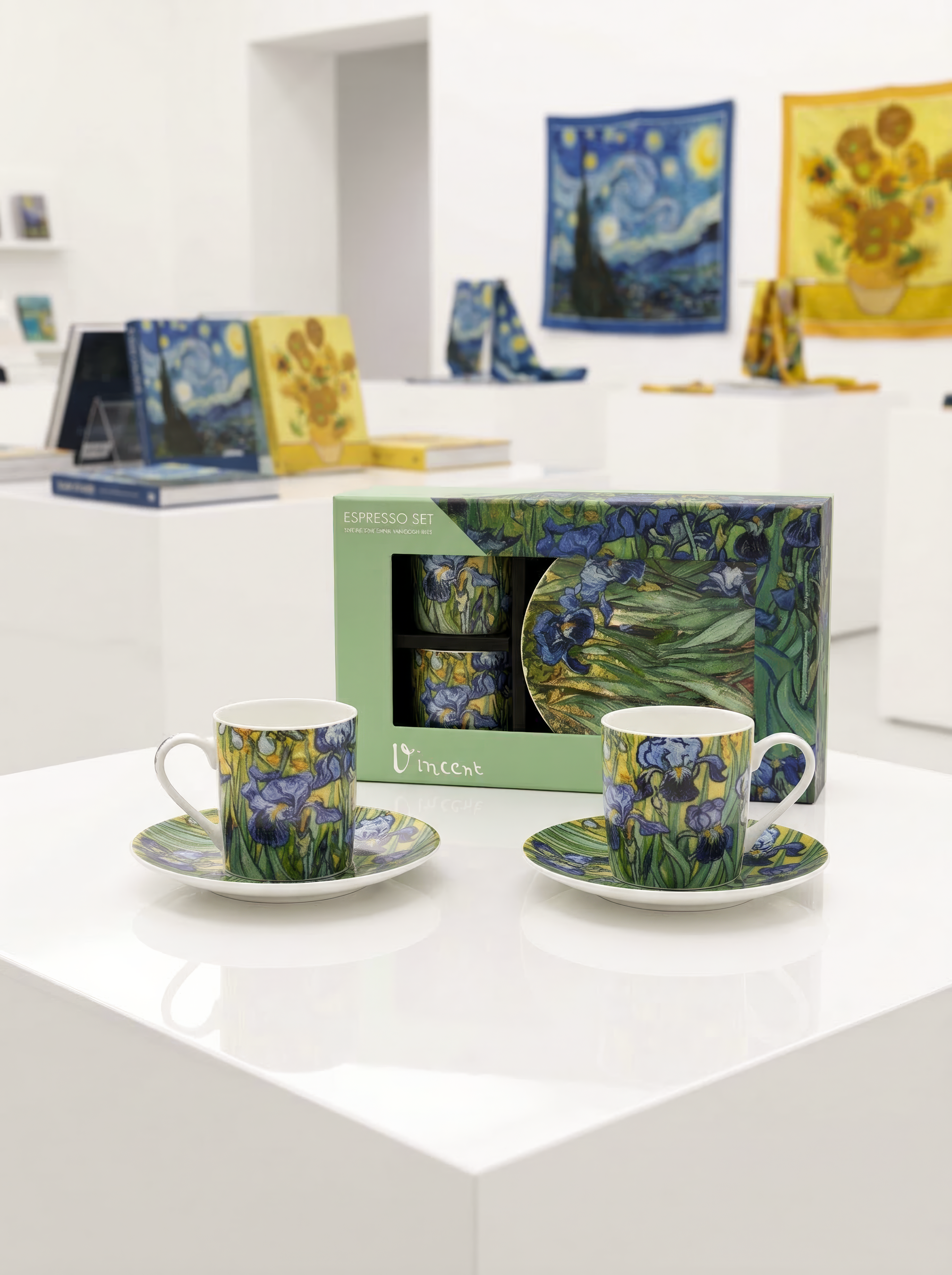 Espresso set Irises by Vincent van Gogh displayed in museum shop — art gift by ArtyGifts
