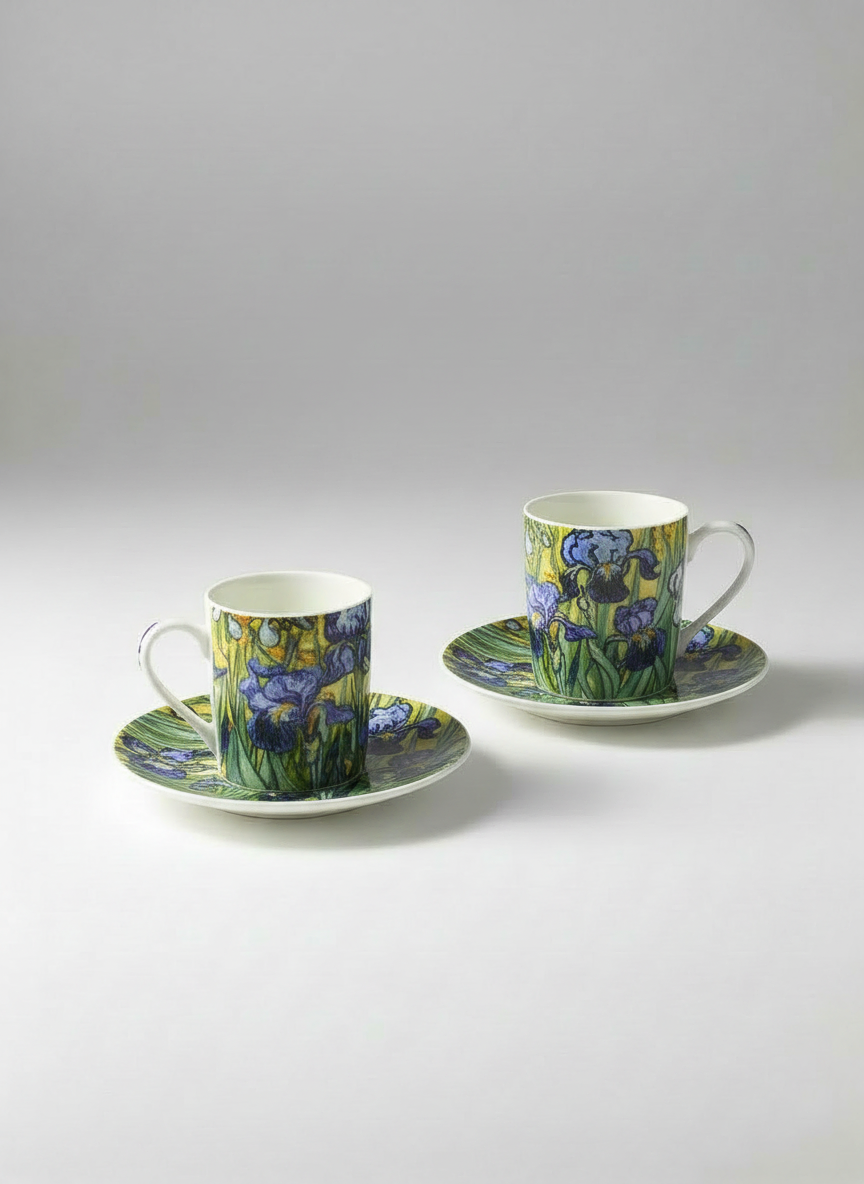 Two ceramic cups with saucers featuring floral designs on a gray background. Irises by Vincent van Gogh