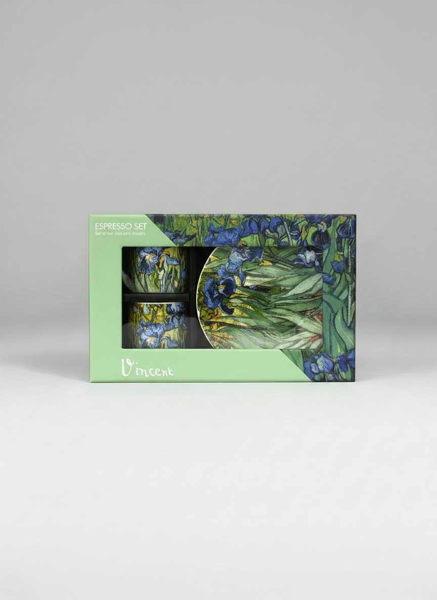 Van Gogh 'Irises' espresso set packaging on a gray background