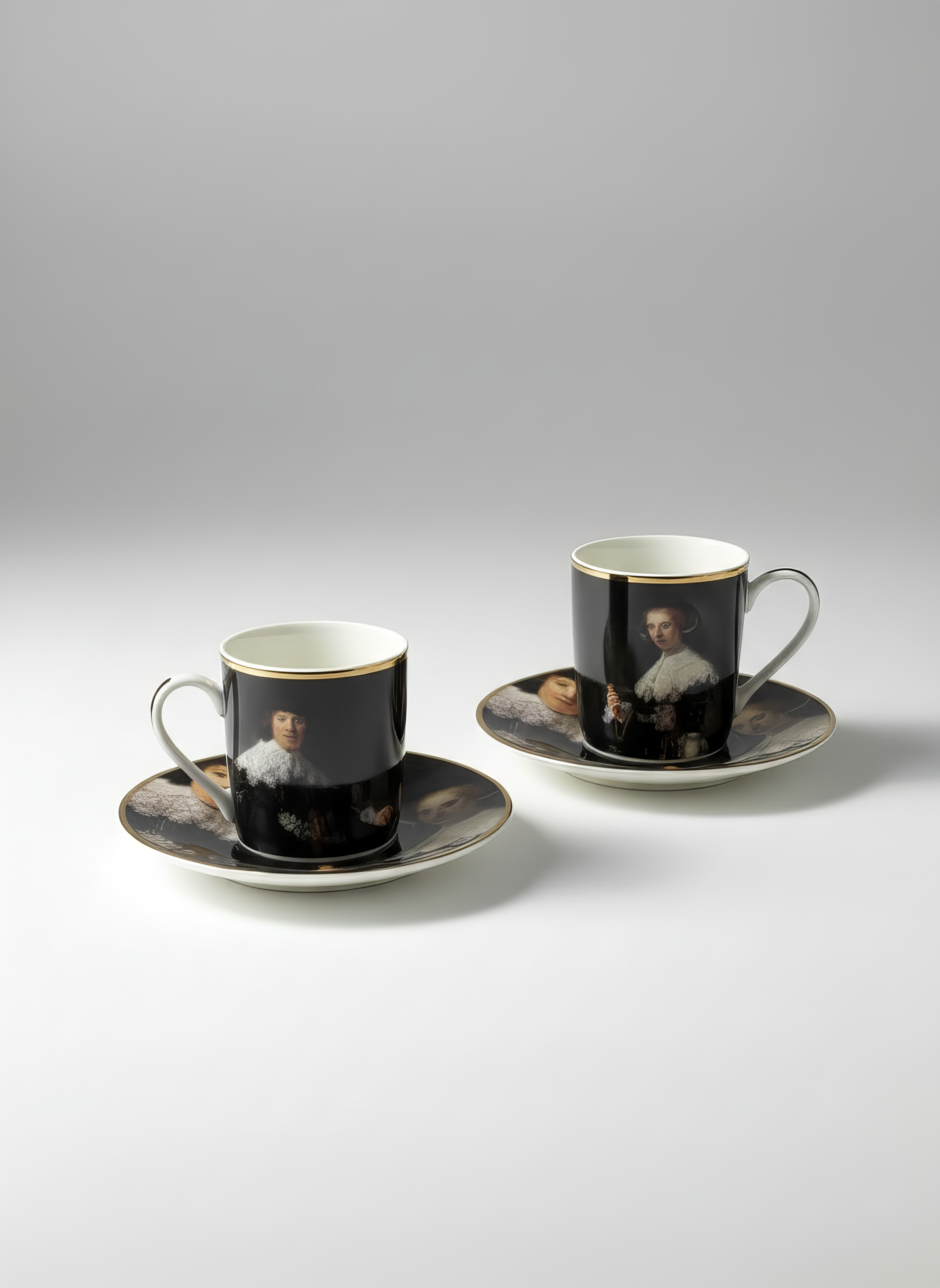 Espresso cup and saucer with Marten and Oopjen portrait by Rembrandt van Rijn — ArtyGifts museum tableware
