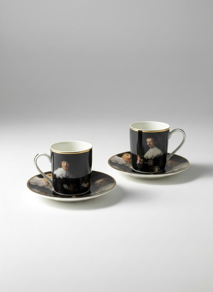 Espresso cup and saucer with Marten and Oopjen portrait by Rembrandt van Rijn — ArtyGifts museum tableware
