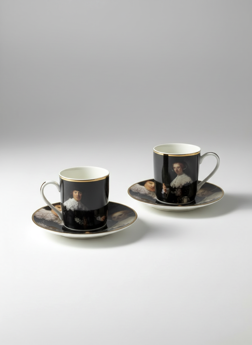 Two coffee cups with saucers featuring portraits on a gray background, Rembrandt's Marten and Oopjen