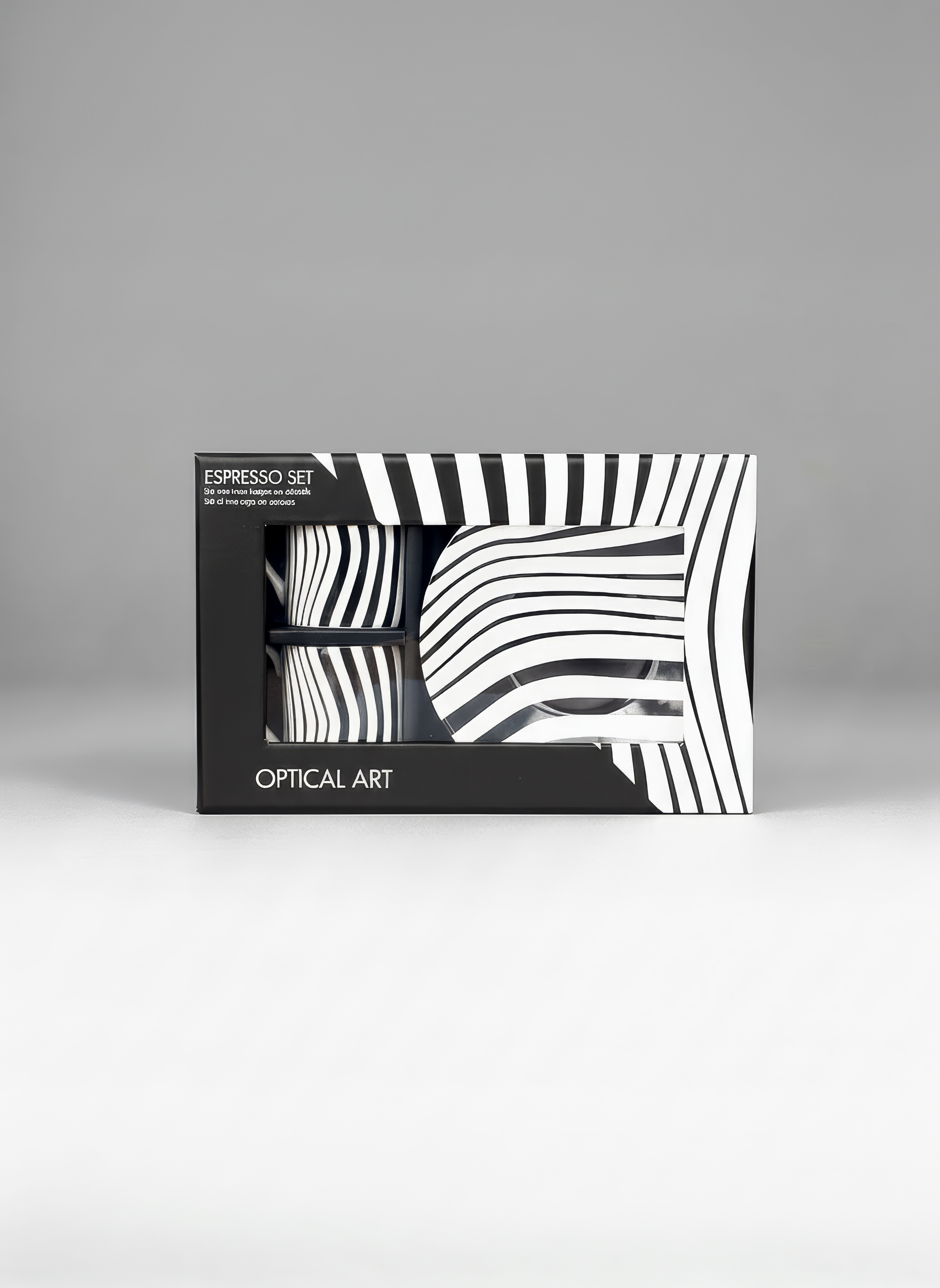 Gift box of the Optical Art espresso set with bold black and white stripe design — ArtyGifts
