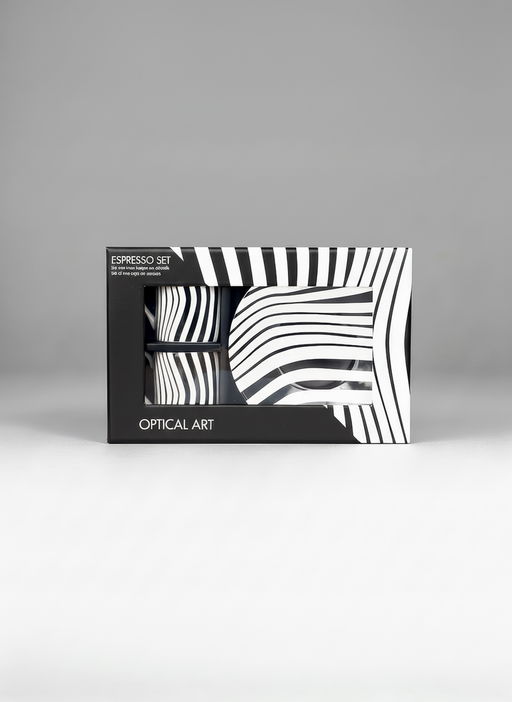 Gift box of the Optical Art espresso set with bold black and white stripe design — ArtyGifts

