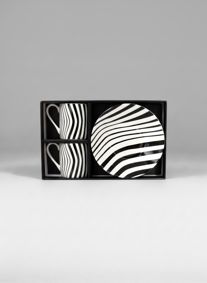 Optical Art espresso set gift box front view — black and white stripe pattern, museum gift by ArtyGifts
