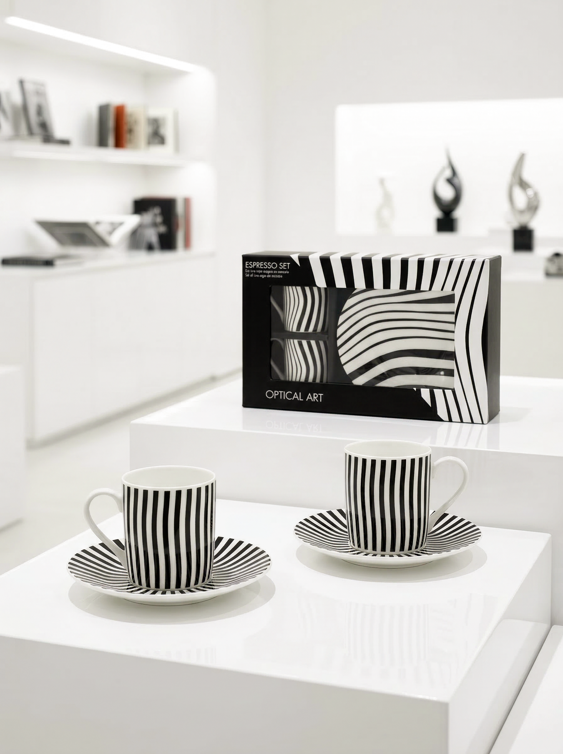 Espresso set Optical Art – cup, saucer and gift box on white background | ArtyGifts