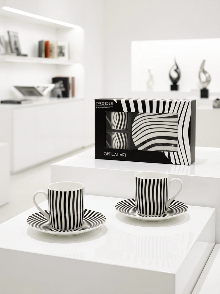 Espresso set Optical Art – cup, saucer and gift box on white background | ArtyGifts