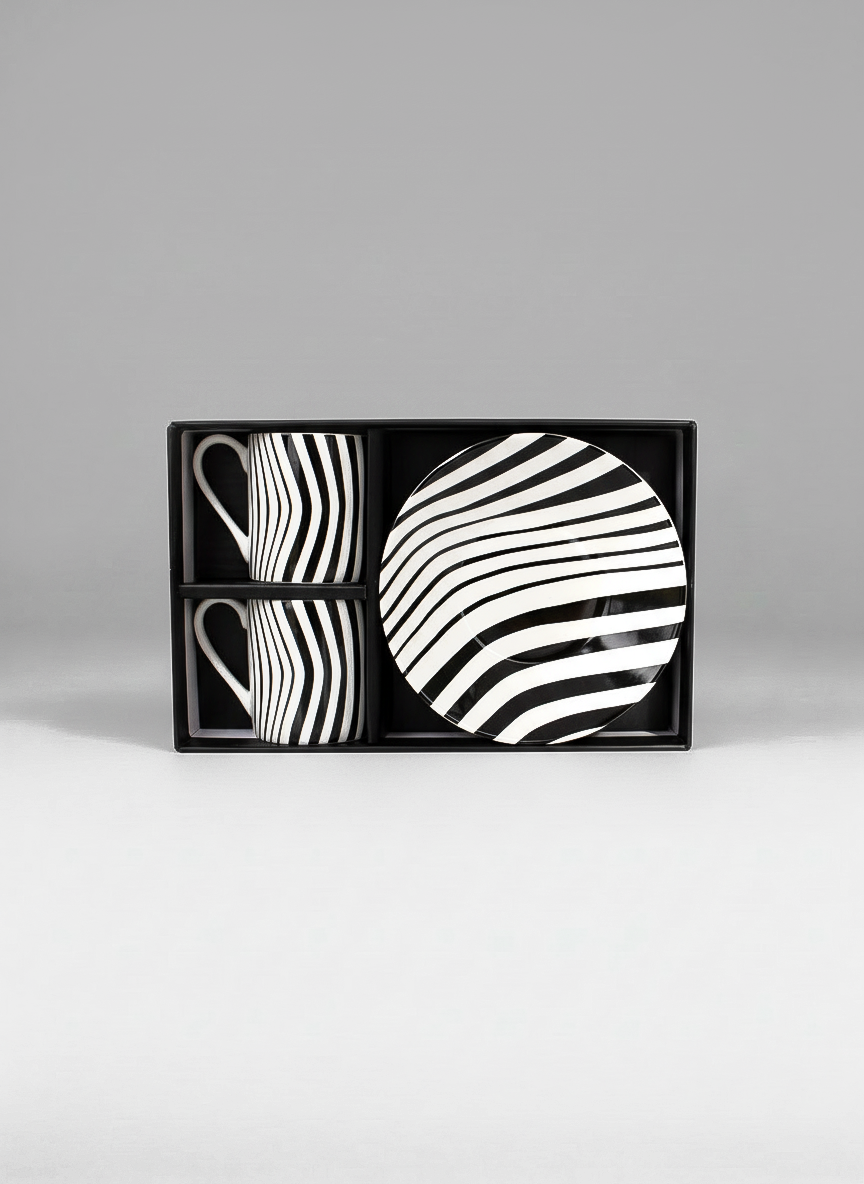Set of black and white patterned ceramic items in a box on a gray background