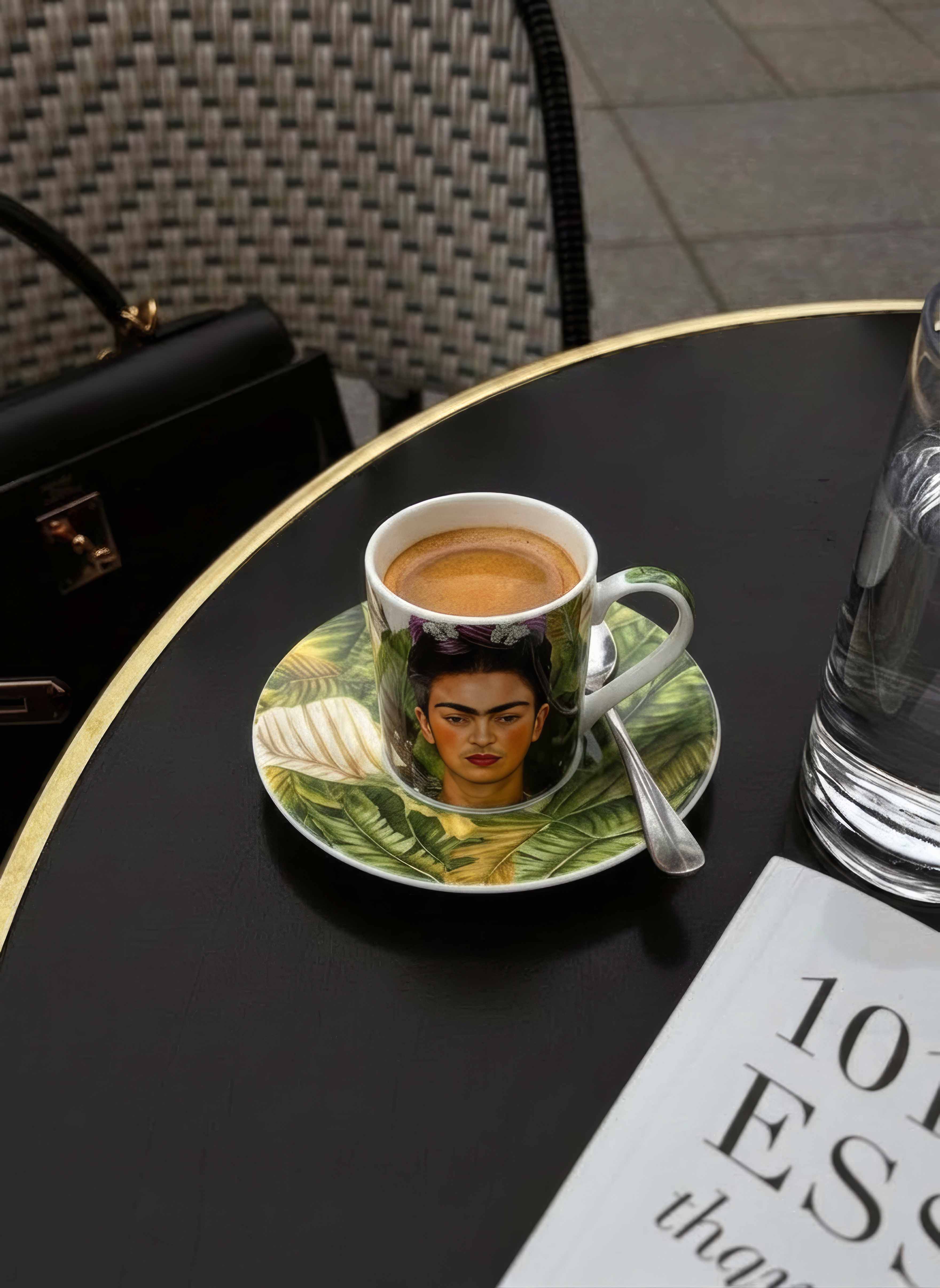 Frida Kahlo Self Portrait espresso cup and saucer on dark table — ArtyGifts museum tableware
