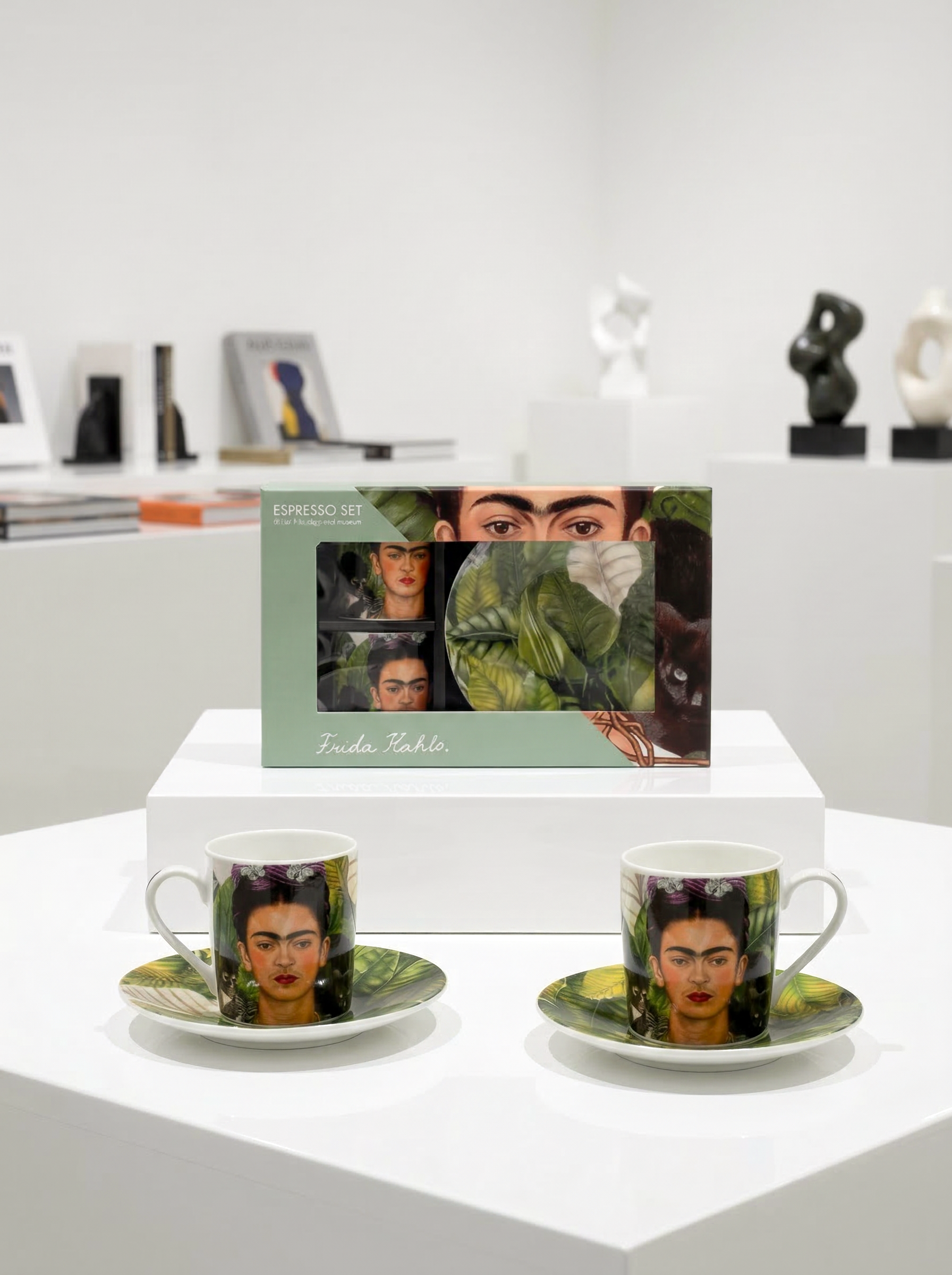 Espresso set Self Portrait Frida Kahlo – cups, saucers and gift card on white background | ArtyGifts