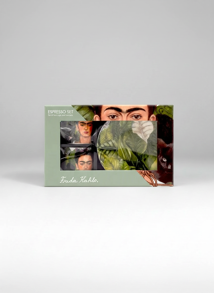Packaged product with a portrait and greenery design on a gray background