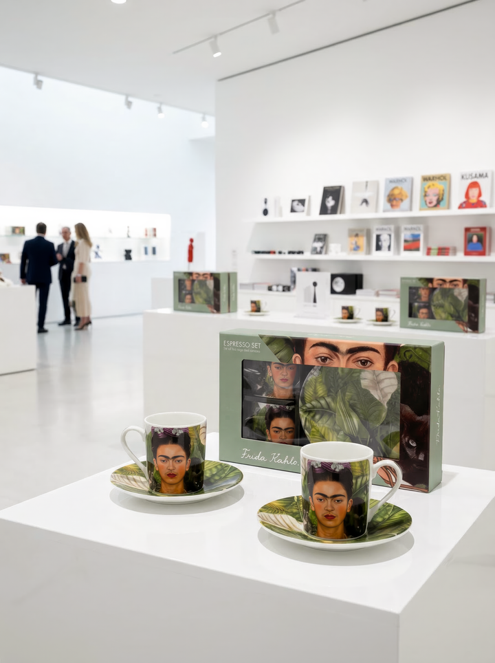 Espresso set Self Portrait Frida Kahlo displayed in museum shop — art gift by ArtyGifts

