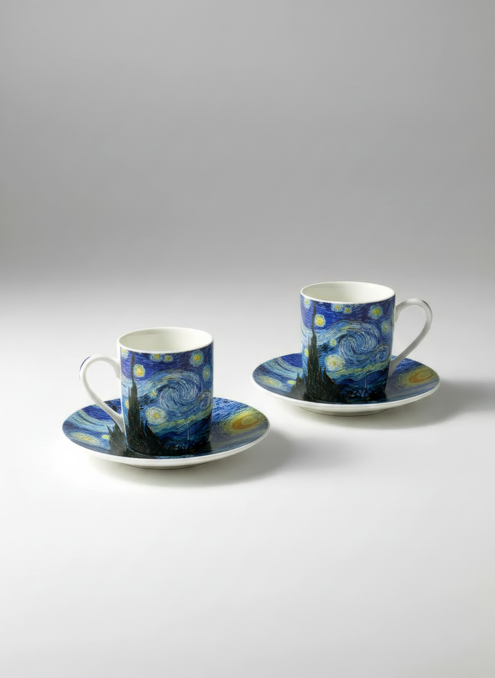 Espresso cup and saucer with Starry Night print by Vincent van Gogh on white background — ArtyGifts
