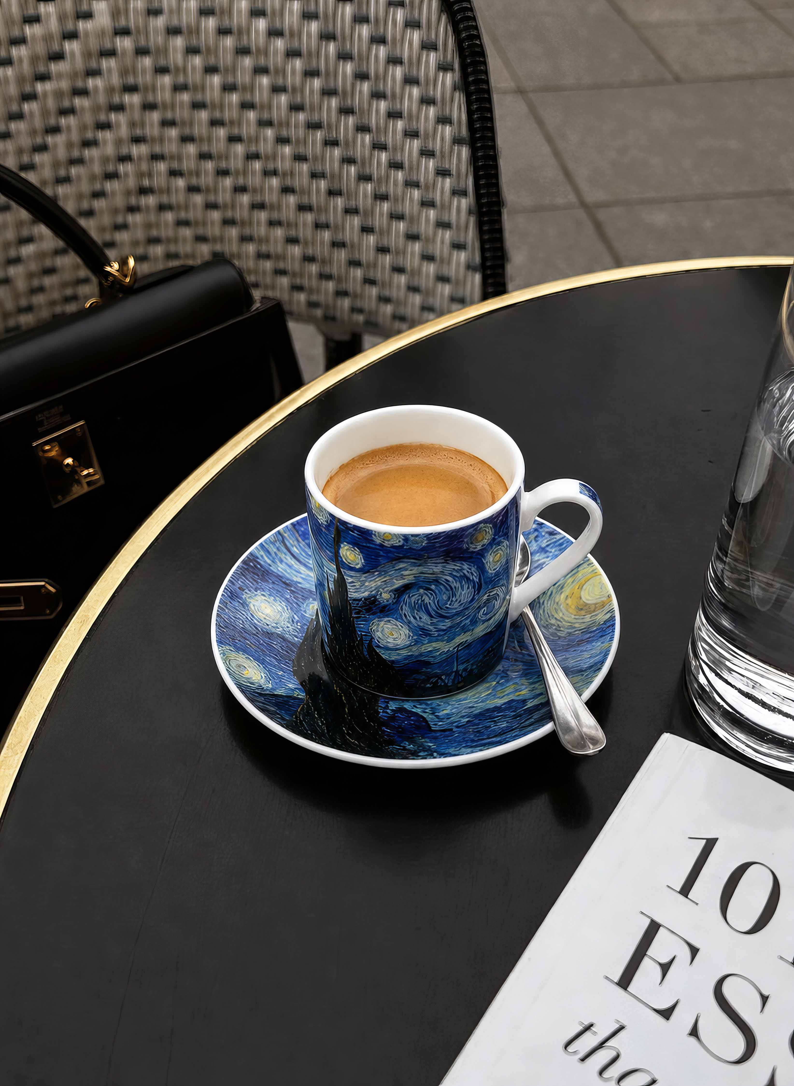 Starry Night espresso cup and saucer by Vincent van Gogh on dark table — ArtyGifts museum tableware

