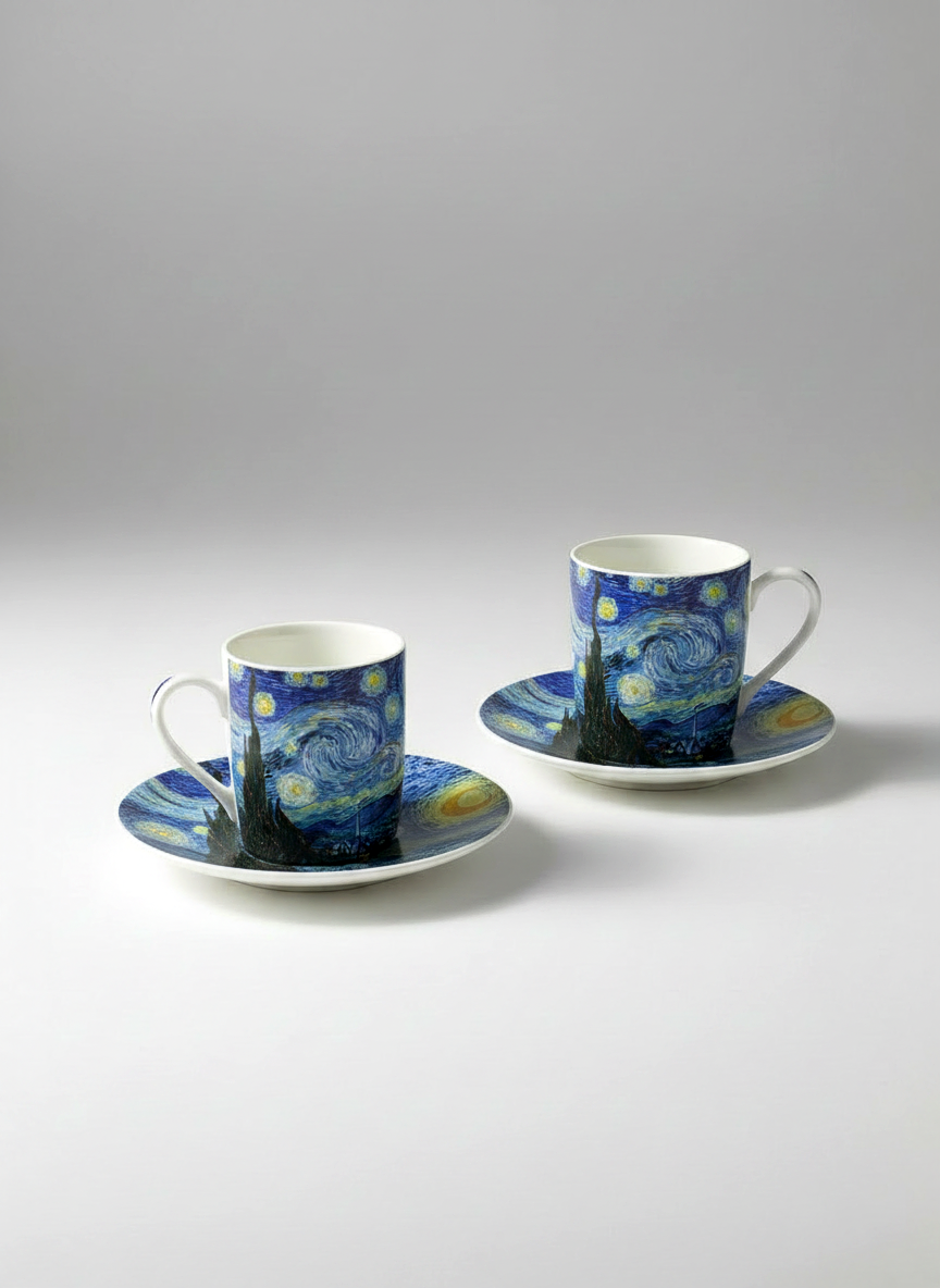 Two coffee cups with saucers featuring Van Gogh's 'Starry Night' design on a gray background.