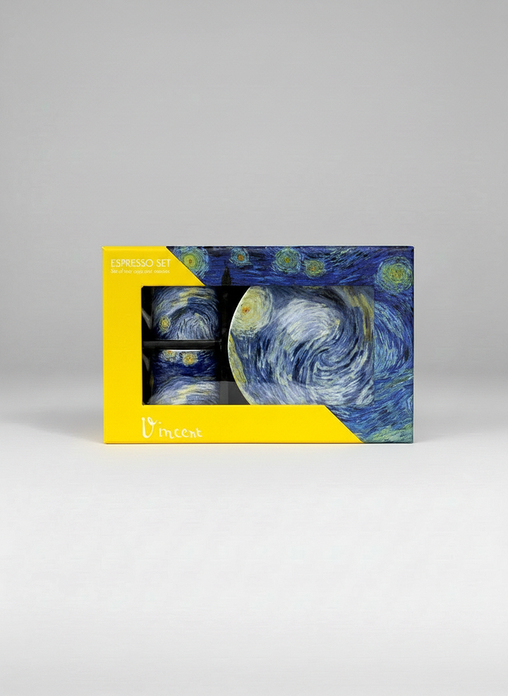 Starry Night-themed espresso set in packaging on a gray background