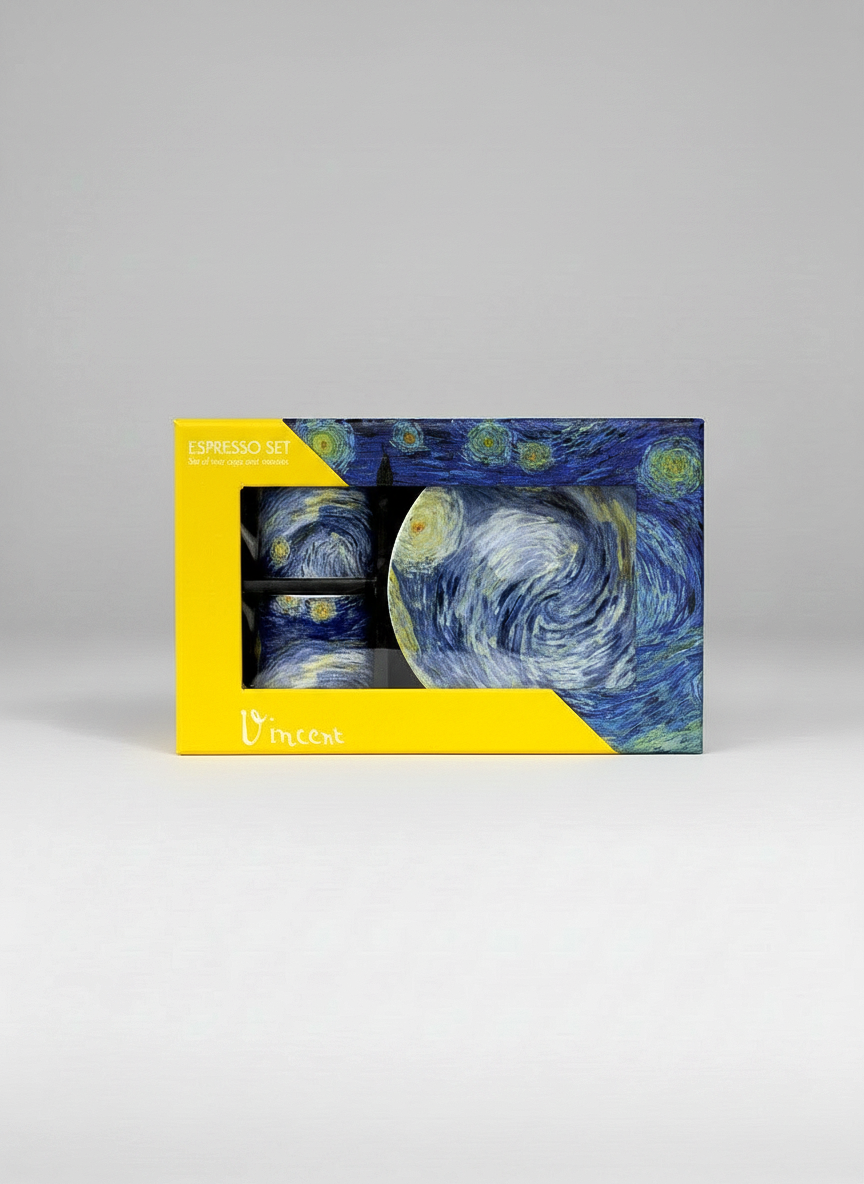 Starry Night-themed espresso set in packaging on a gray background