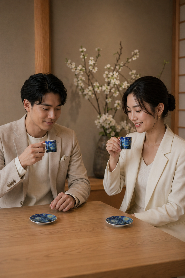 Couple enjoying espresso from an art espresso set featuring Starry Night by Vincent van Gogh from ArtyGifts
