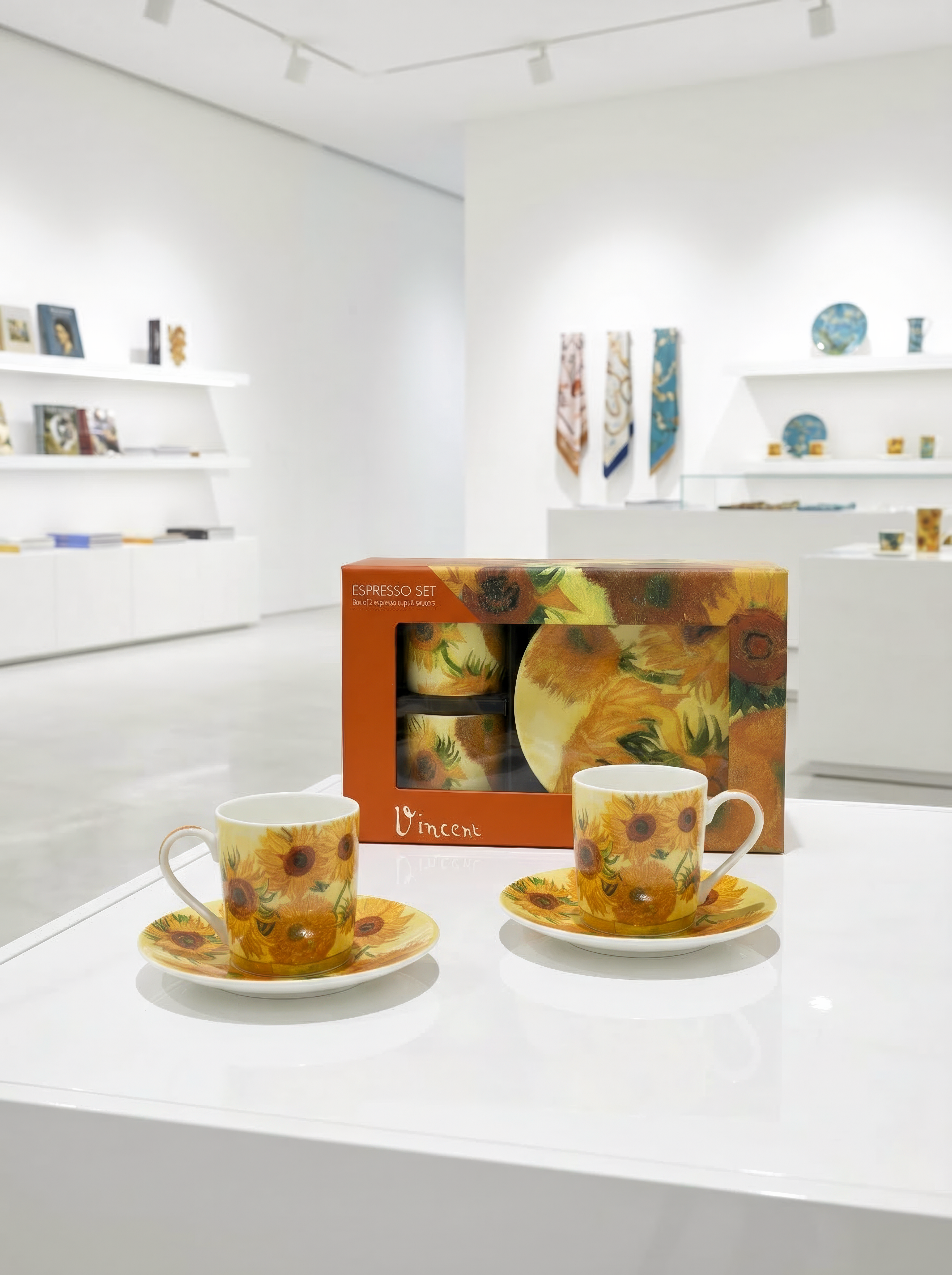 Porcelain Espresso Set of 2 Sunflowers Vincent van Gogh – two cups and saucers white background | ArtyGifts
