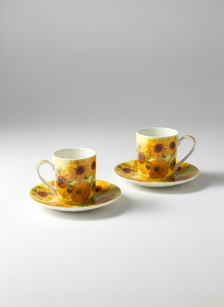 Porcelain Espresso Set of 2 Sunflowers Vincent van Gogh – single cup and saucer white background | ArtyGifts
