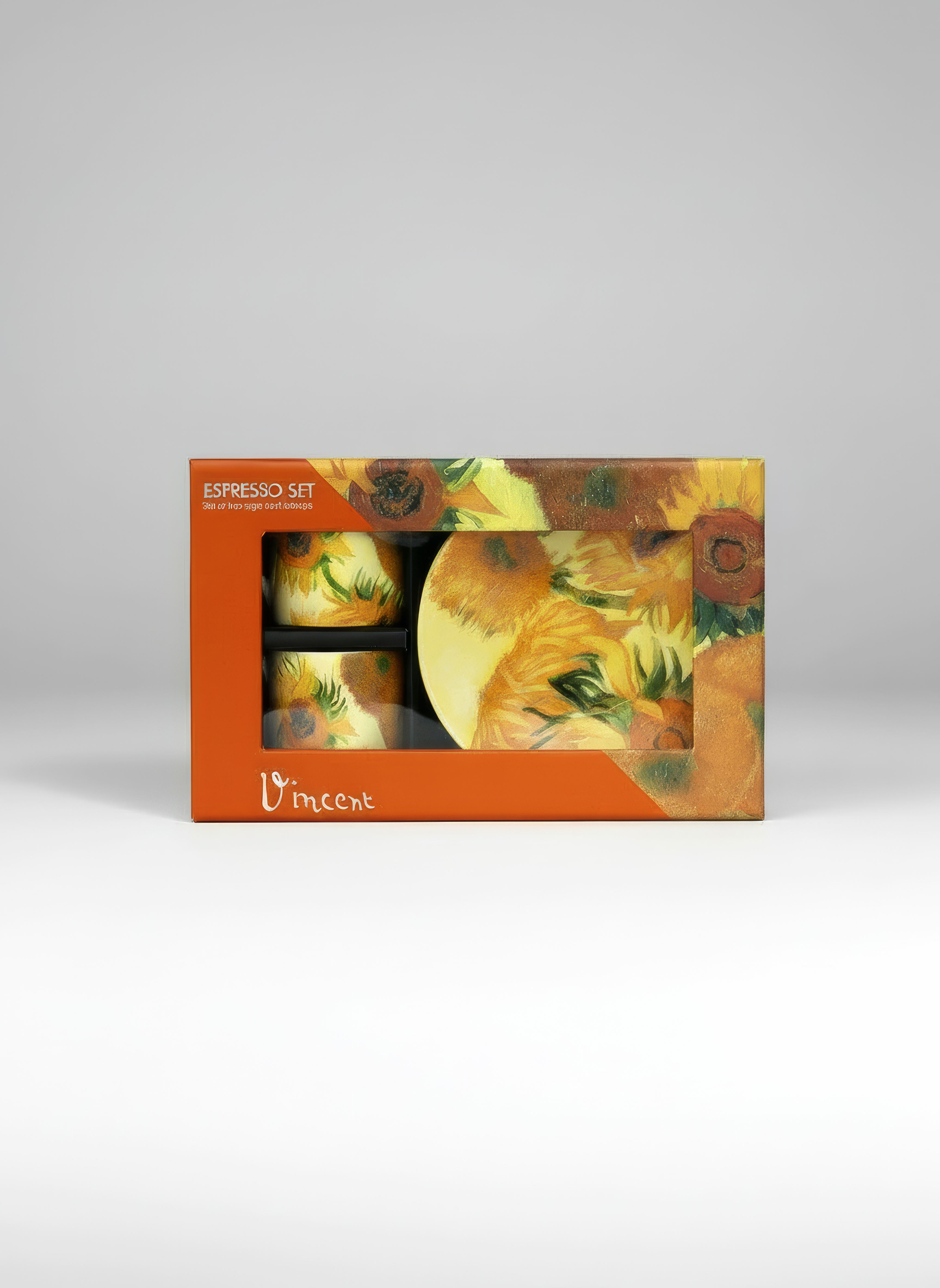 Porcelain Espresso Set of 2 Sunflowers Vincent van Gogh – gift box packaging front view | ArtyGifts
